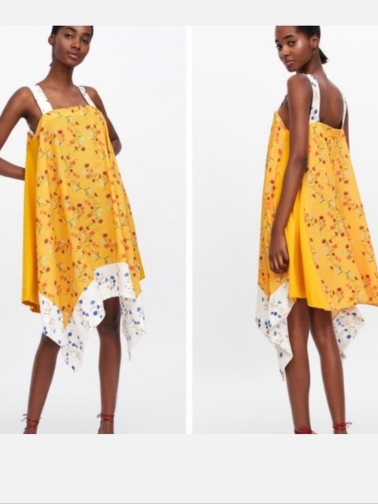 Zara Dresses & Skirts - Zara Yellow Floral Handkerchief Hem Dress with White Floral Trim Patchwork Flowy